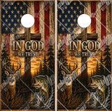In God We Trust Buck Bass Flag Cornhole Wrap