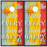 At The Lake Happy Hour Wood Cornhole Wrap