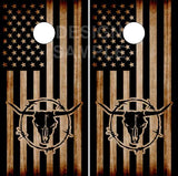 Cow Bull Skull Burnt Wood Flag Cornhole Wrap
