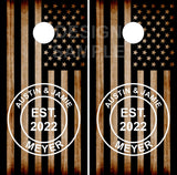 Family Name Burnt Wood Flag Cornhole Wrap