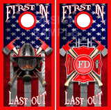 Firefighter First In Flag Cornhole Wrap
