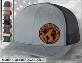 World Traveler Laser Engraved Leather Patch Trucker Hat